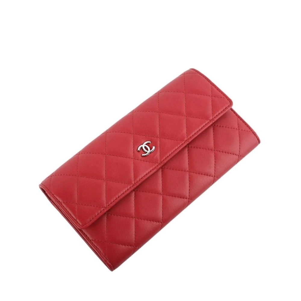 Like NEW! CHANEL LAMB SKIN RED QUILTED LONG WALLET SILVER HARDWARE - Picture 5 of 12